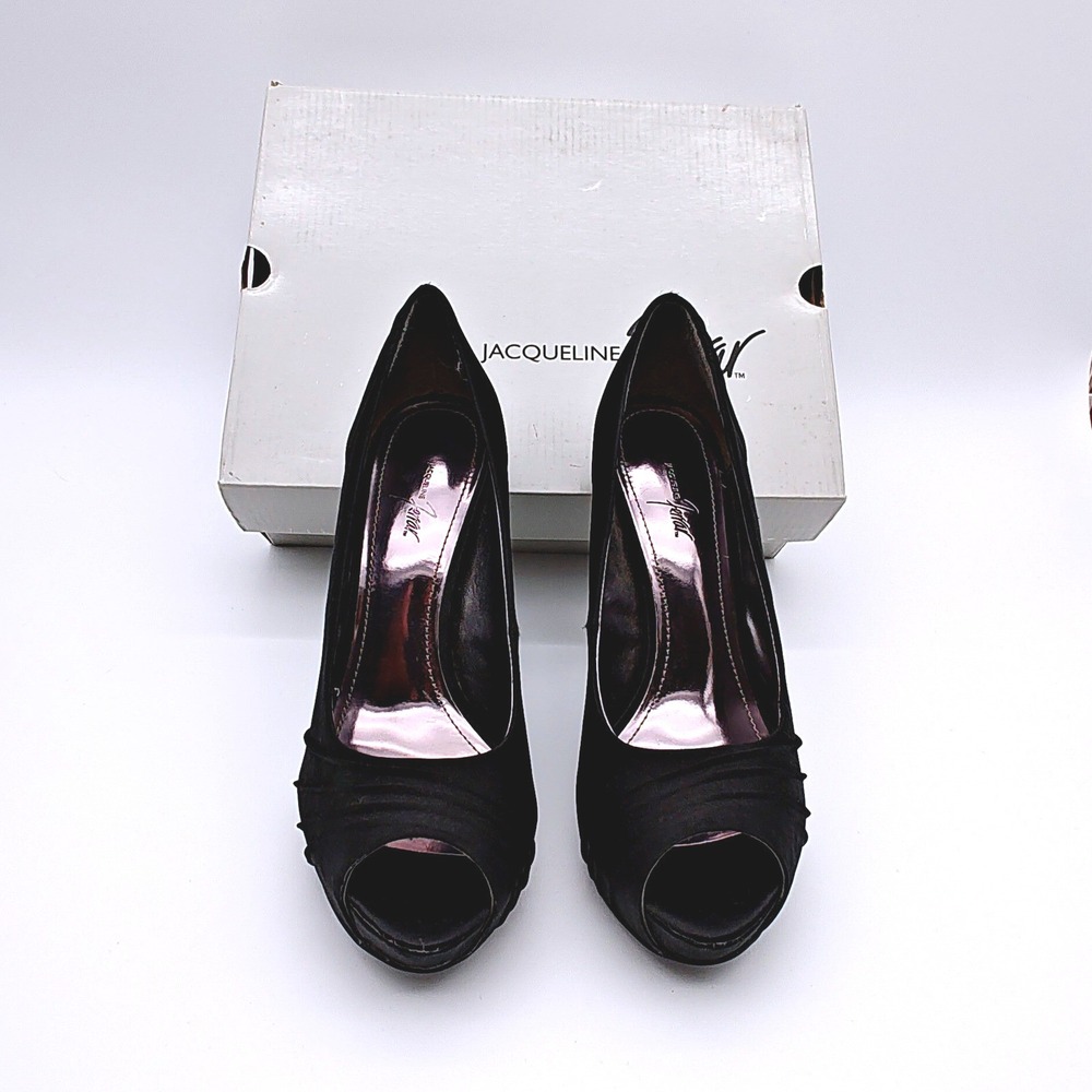 Jacqueline Ferrar Dante Black Satin Peep Toe Platform Pumps Heels 7.5M 023-4033